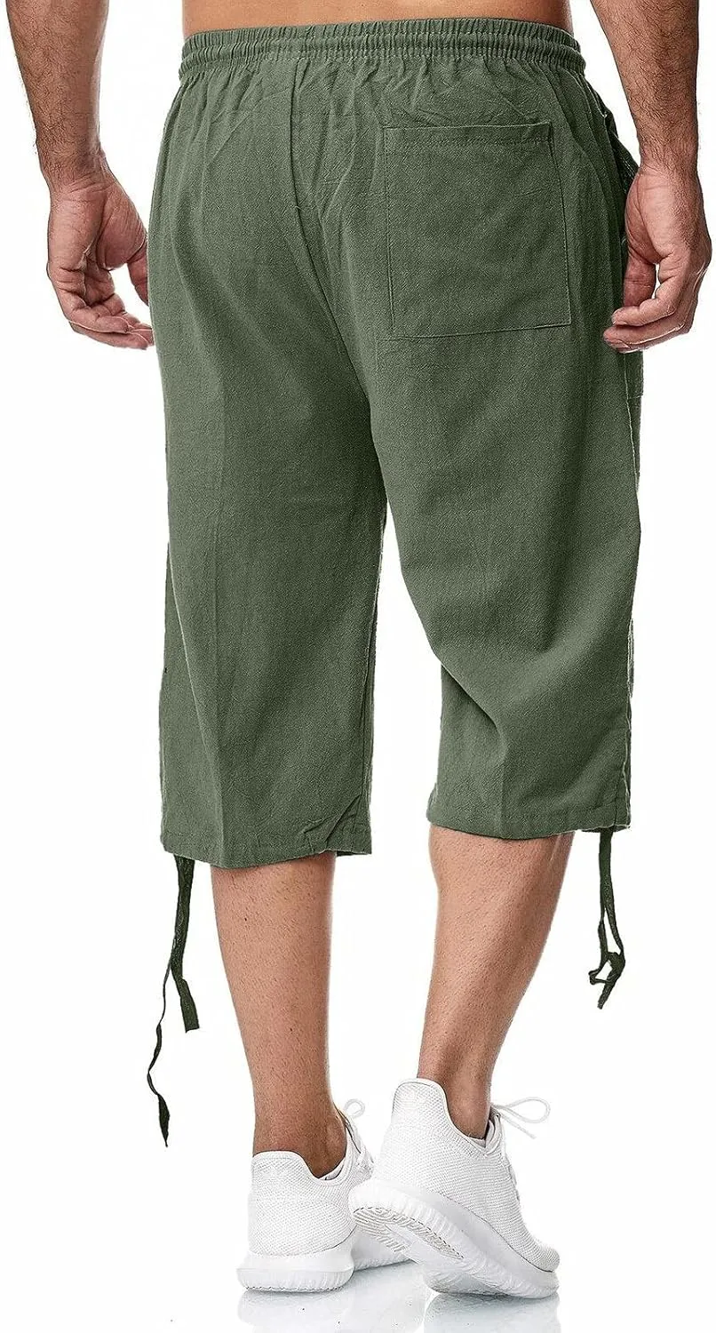 WUAI-Men Outdoors Cargo Shorts 3/4 Relaxed Fit Below Knee Multi-Pocket Capri Casual Loose Cotton Twill Beach Capri Pants