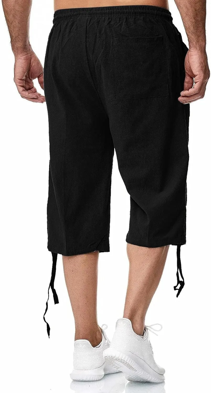 WUAI-Men Outdoors Cargo Shorts 3/4 Relaxed Fit Below Knee Multi-Pocket Capri Casual Loose Cotton Twill Beach Capri Pants