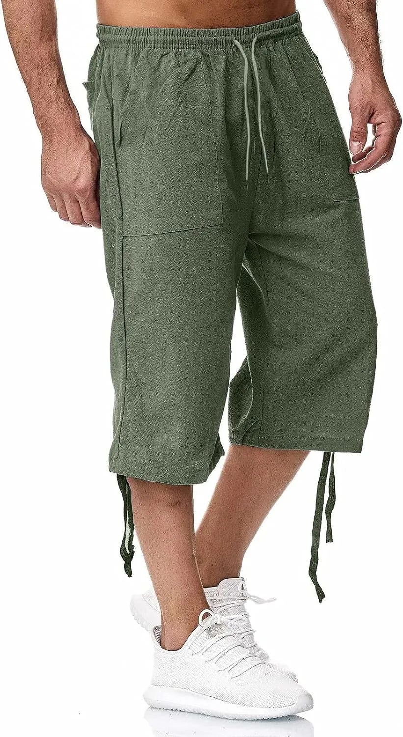 WUAI-Men Outdoors Cargo Shorts 3/4 Relaxed Fit Below Knee Multi-Pocket Capri Casual Loose Cotton Twill Beach Capri Pants