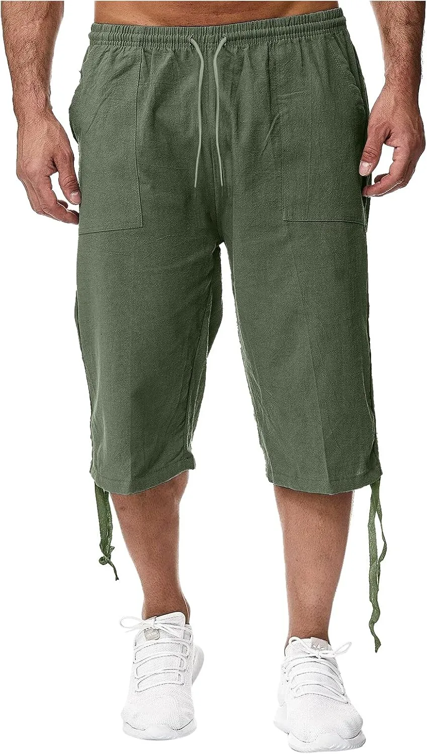 WUAI-Men Outdoors Cargo Shorts 3/4 Relaxed Fit Below Knee Multi-Pocket Capri Casual Loose Cotton Twill Beach Capri Pants
