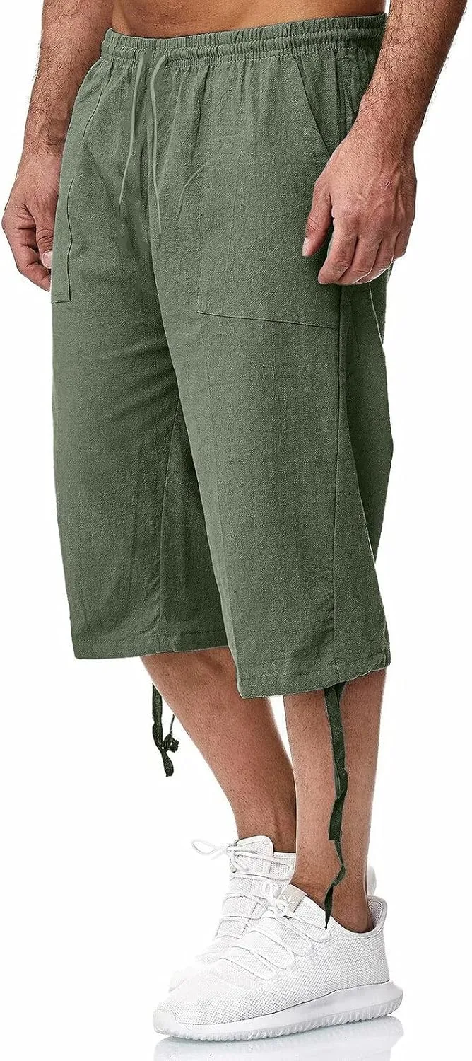 WUAI-Men Outdoors Cargo Shorts 3/4 Relaxed Fit Below Knee Multi-Pocket Capri Casual Loose Cotton Twill Beach Capri Pants