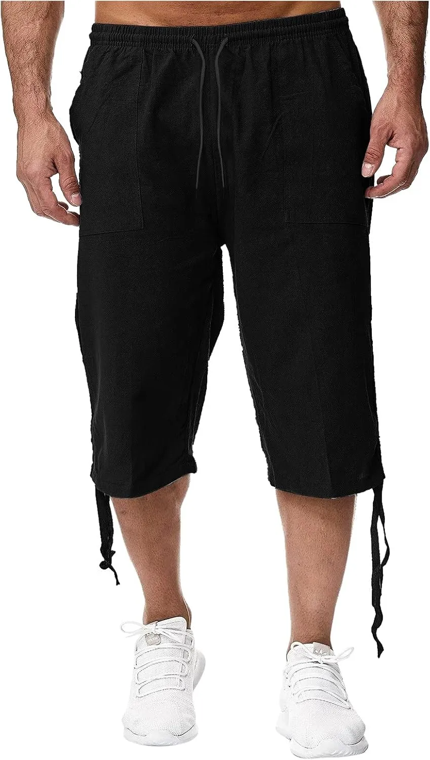 WUAI-Men Outdoors Cargo Shorts 3/4 Relaxed Fit Below Knee Multi-Pocket Capri Casual Loose Cotton Twill Beach Capri Pants