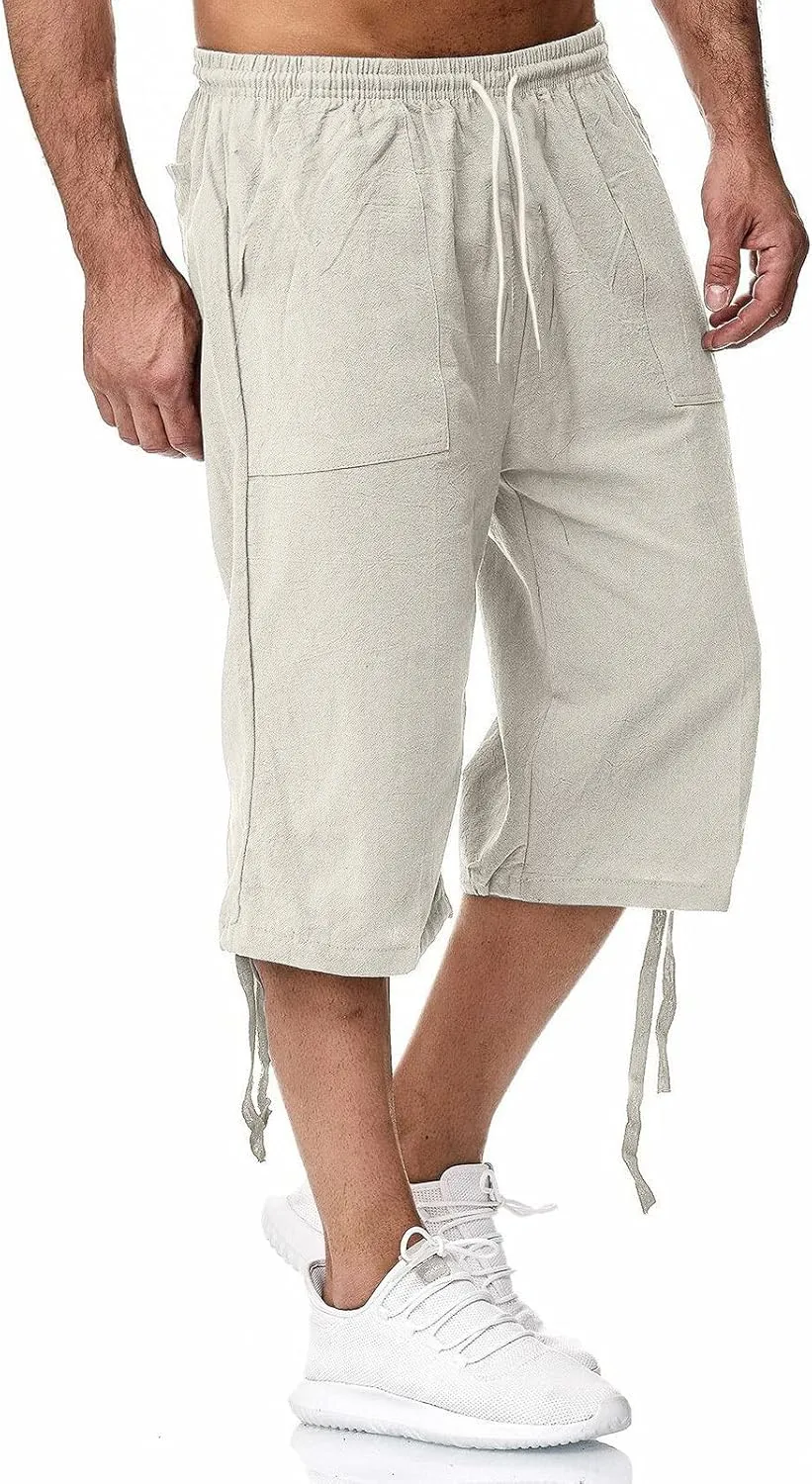 WUAI-Men Outdoors Cargo Shorts 3/4 Relaxed Fit Below Knee Multi-Pocket Capri Casual Loose Cotton Twill Beach Capri Pants