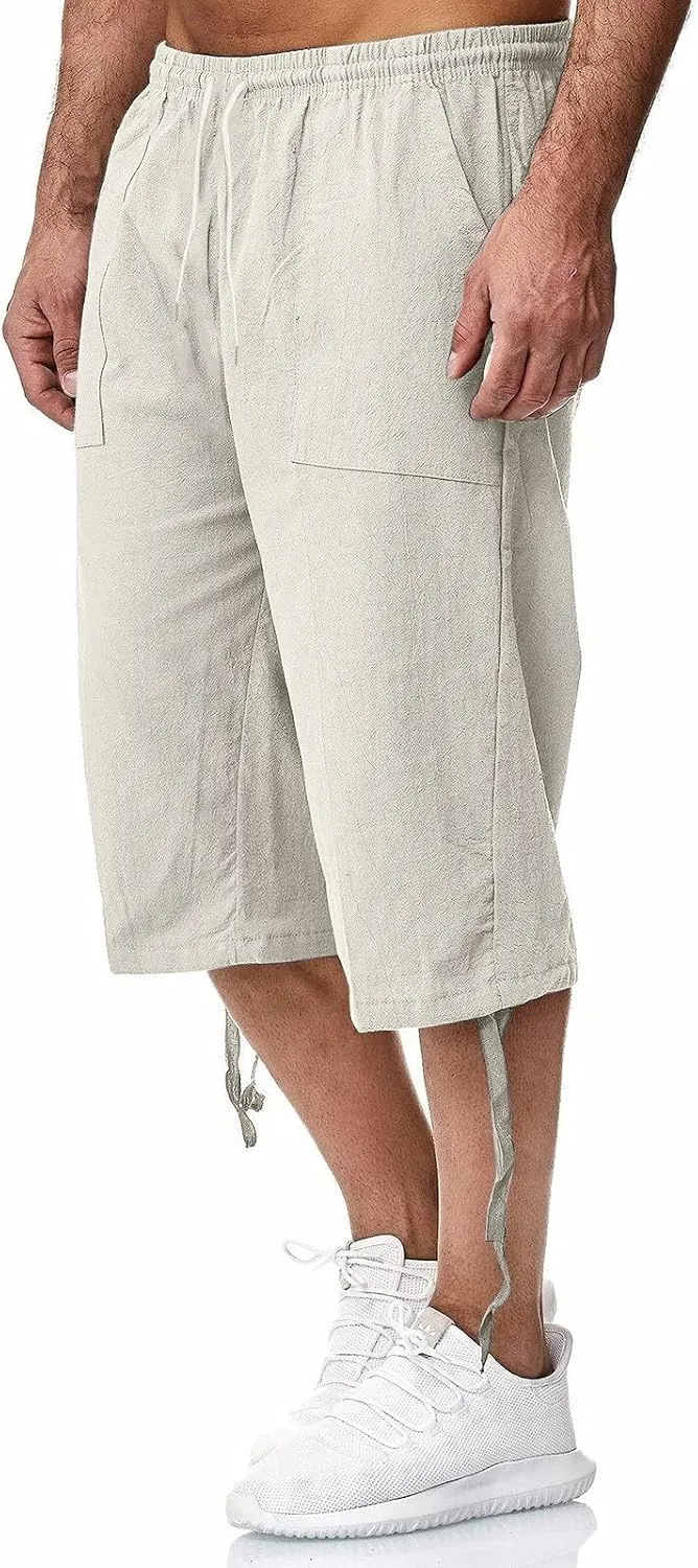 WUAI-Men Outdoors Cargo Shorts 3/4 Relaxed Fit Below Knee Multi-Pocket Capri Casual Loose Cotton Twill Beach Capri Pants