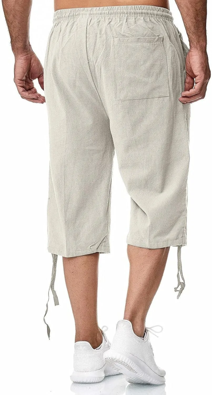 WUAI-Men Outdoors Cargo Shorts 3/4 Relaxed Fit Below Knee Multi-Pocket Capri Casual Loose Cotton Twill Beach Capri Pants